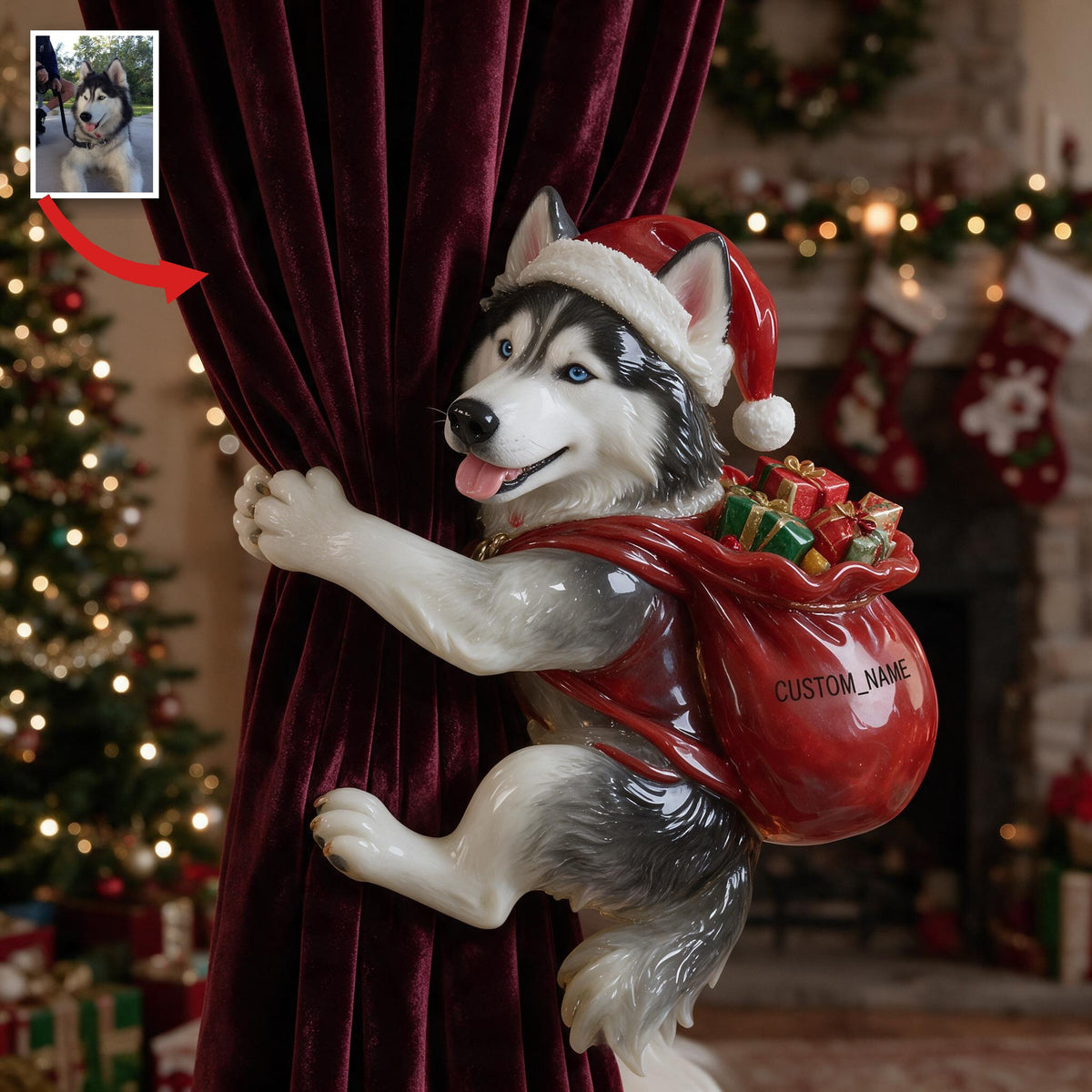 Personalized Custom Photo Christmas Siberian Husky Curtain Tieback Holiday Home Decor