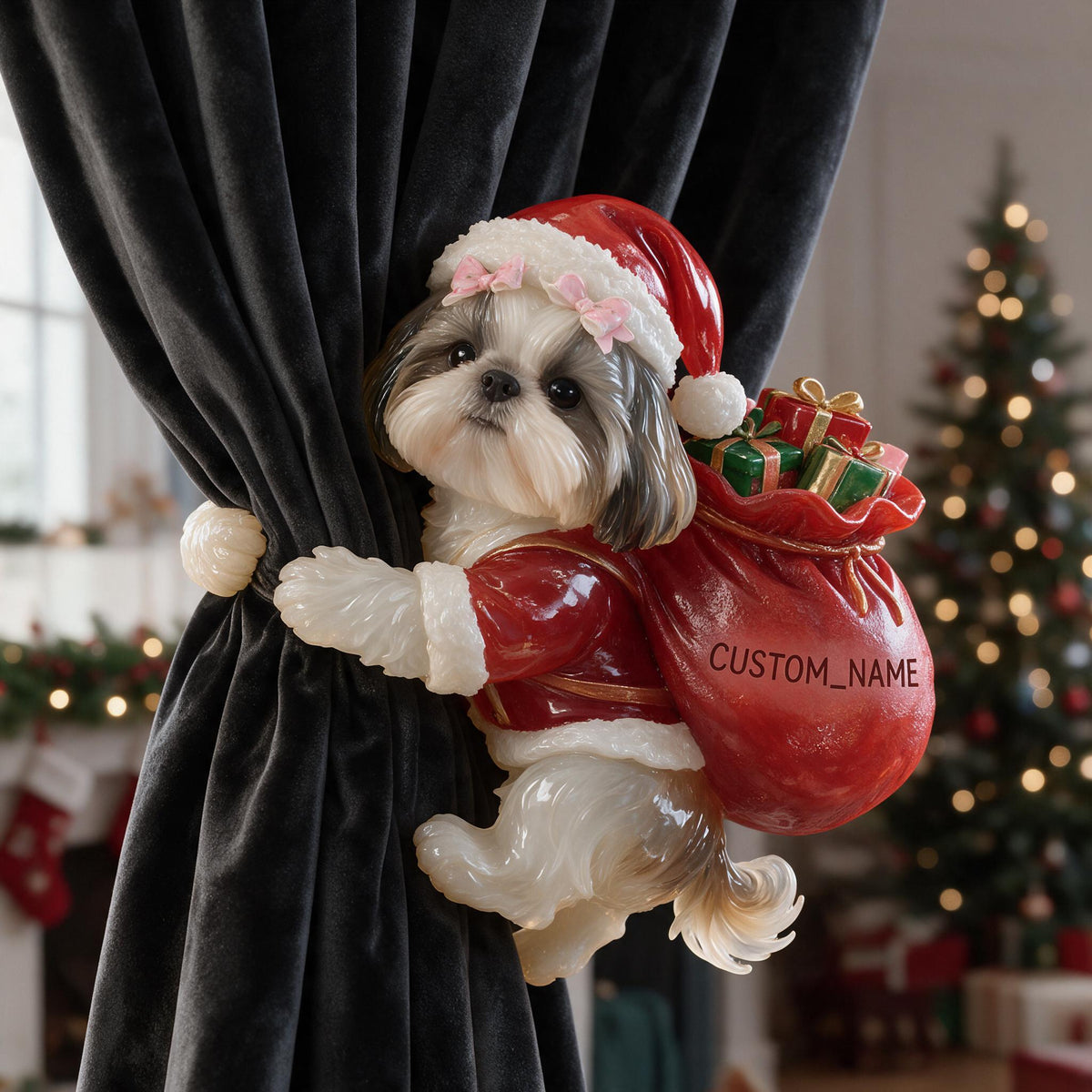 Personalized Custom Photo Christmas Shih Tzu Curtain Tieback Festive Home Decor