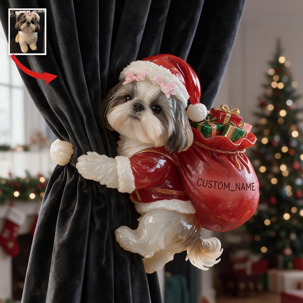 Personalized Custom Photo Christmas Shih Tzu Curtain Tieback Festive Home Decor