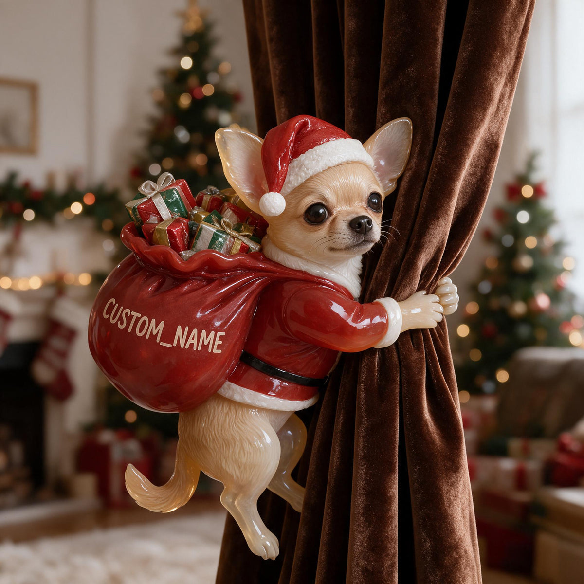 Personalized Custom Photo Christmas Fawn White Chihuahua Curtain Tieback Home Decor