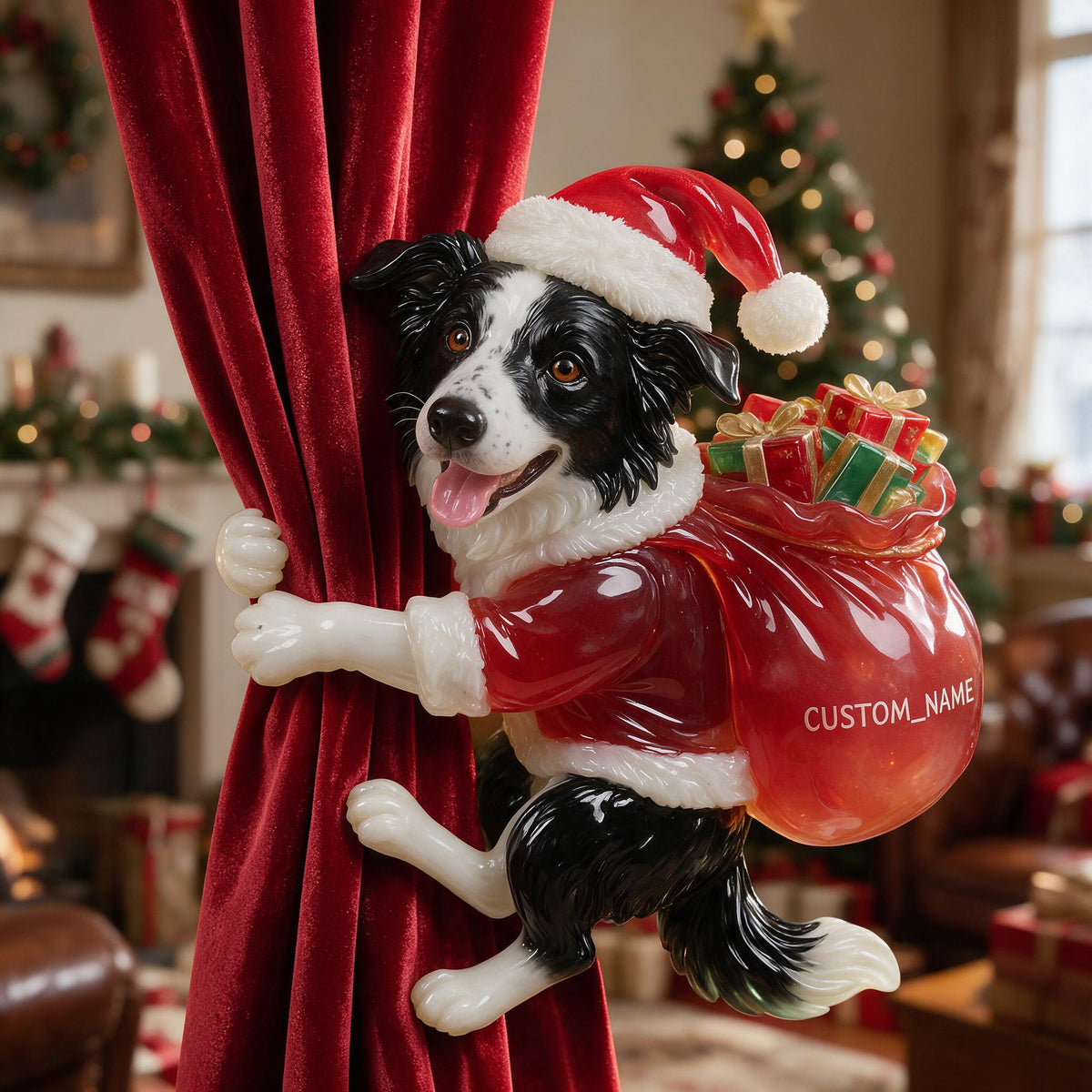 Personalized Custom Photo Christmas Black and White Border Collie Curtain Tieback Home Decor