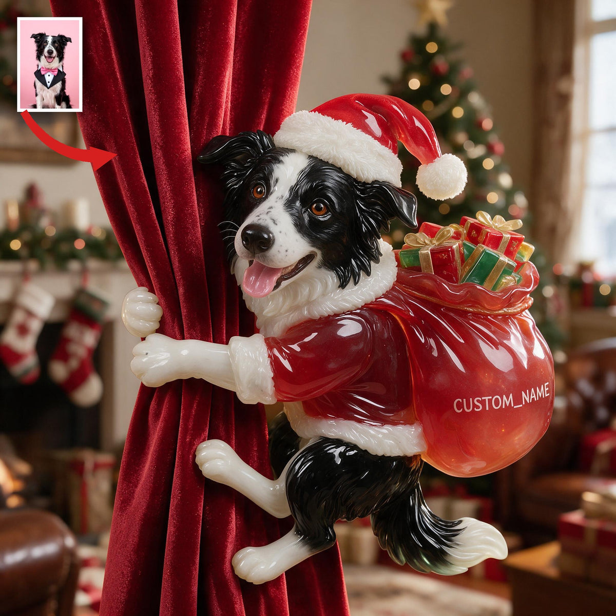 Personalized Custom Photo Christmas Black and White Border Collie Curtain Tieback Home Decor