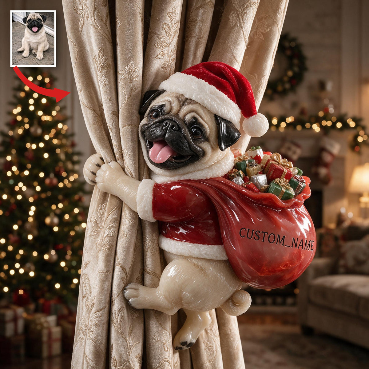 Personalized Custom Photo Christmas Fawn Black Mask Pug Curtain Tieback