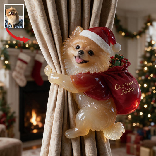 Attache-rideau personnalisé photo Noël Pomeranian doré moelleux