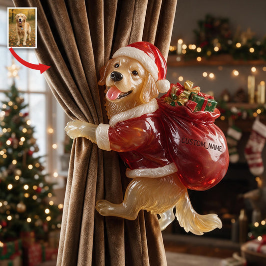 Attache de rideau personnalisée photo Noël Golden Retriever