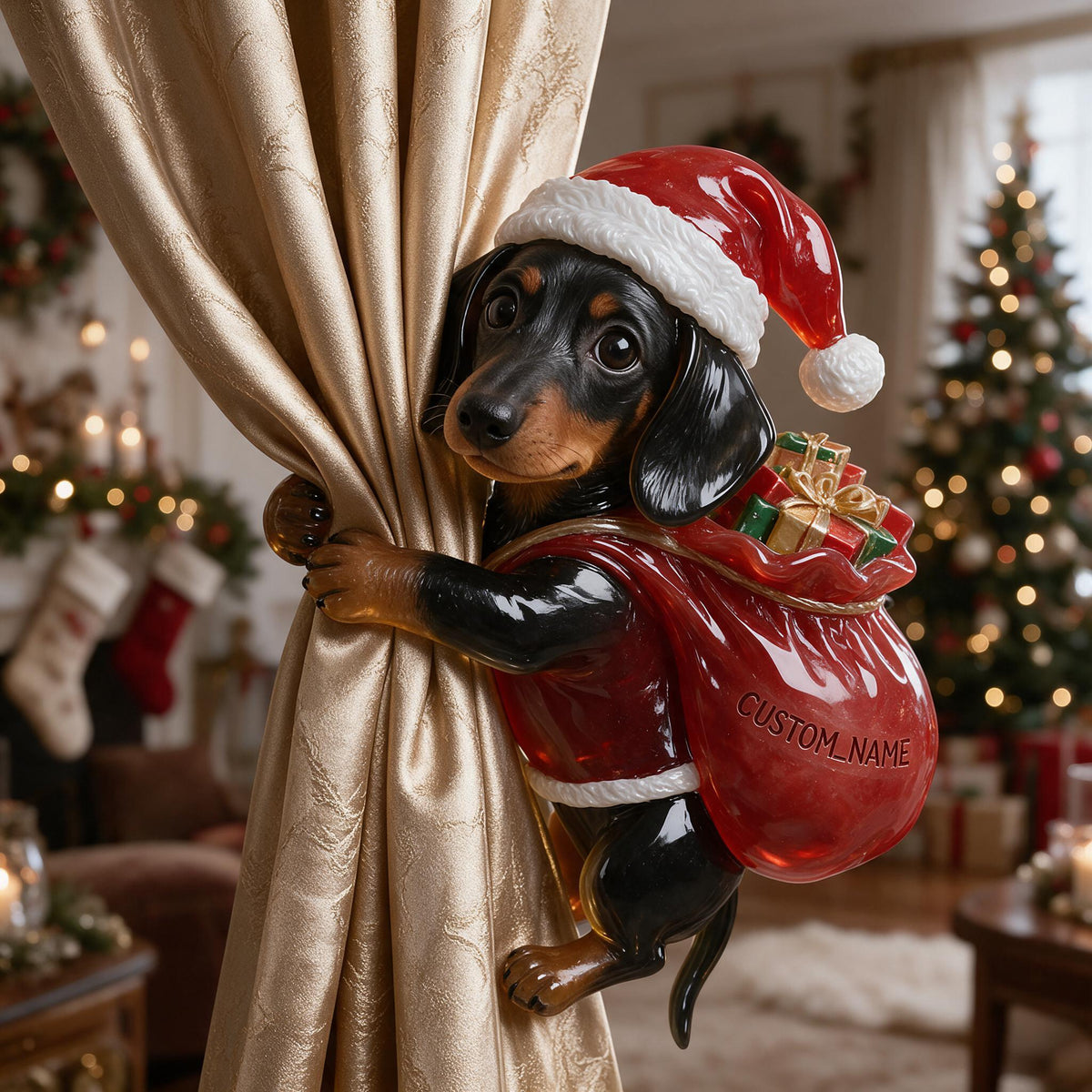 Personalized Custom Photo Christmas Black and Tan Dachshund Puppy Curtain Tieback