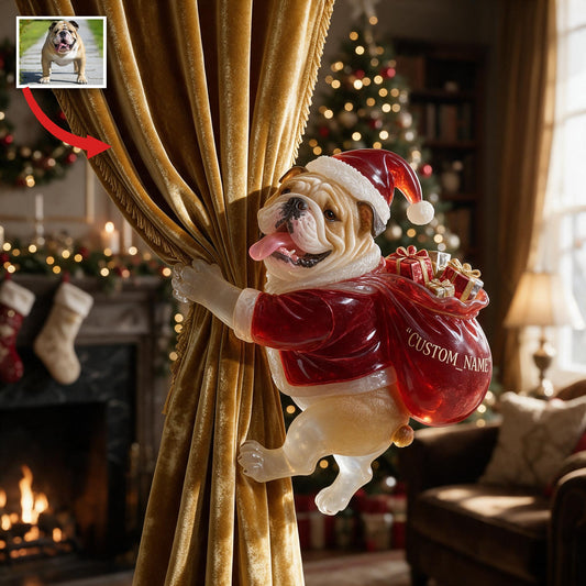 Attache-rideau personnalisé en photo de Noël Bulldog fauve et blanc