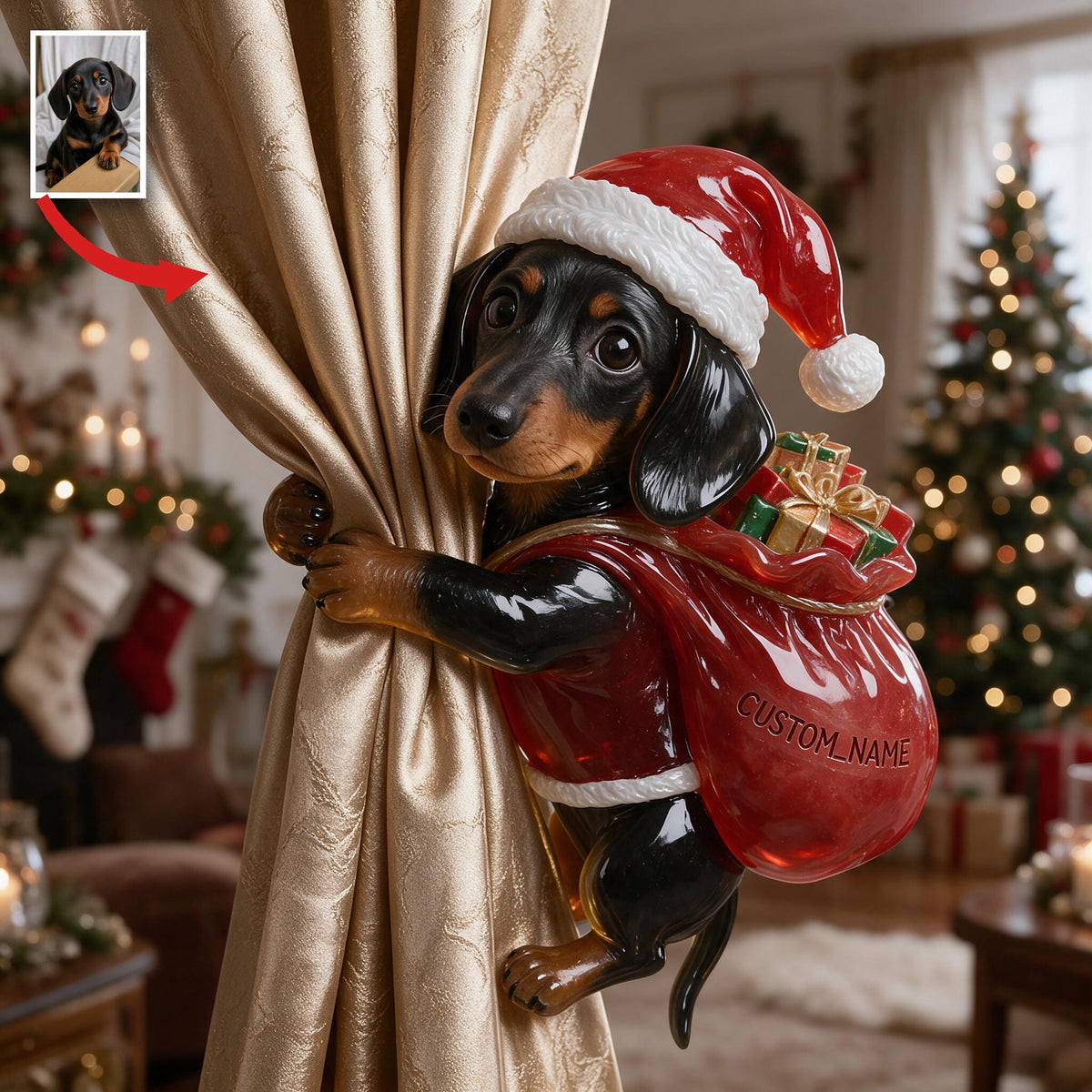 Personalized Custom Photo Christmas Black and Tan Dachshund Puppy Curtain Tieback