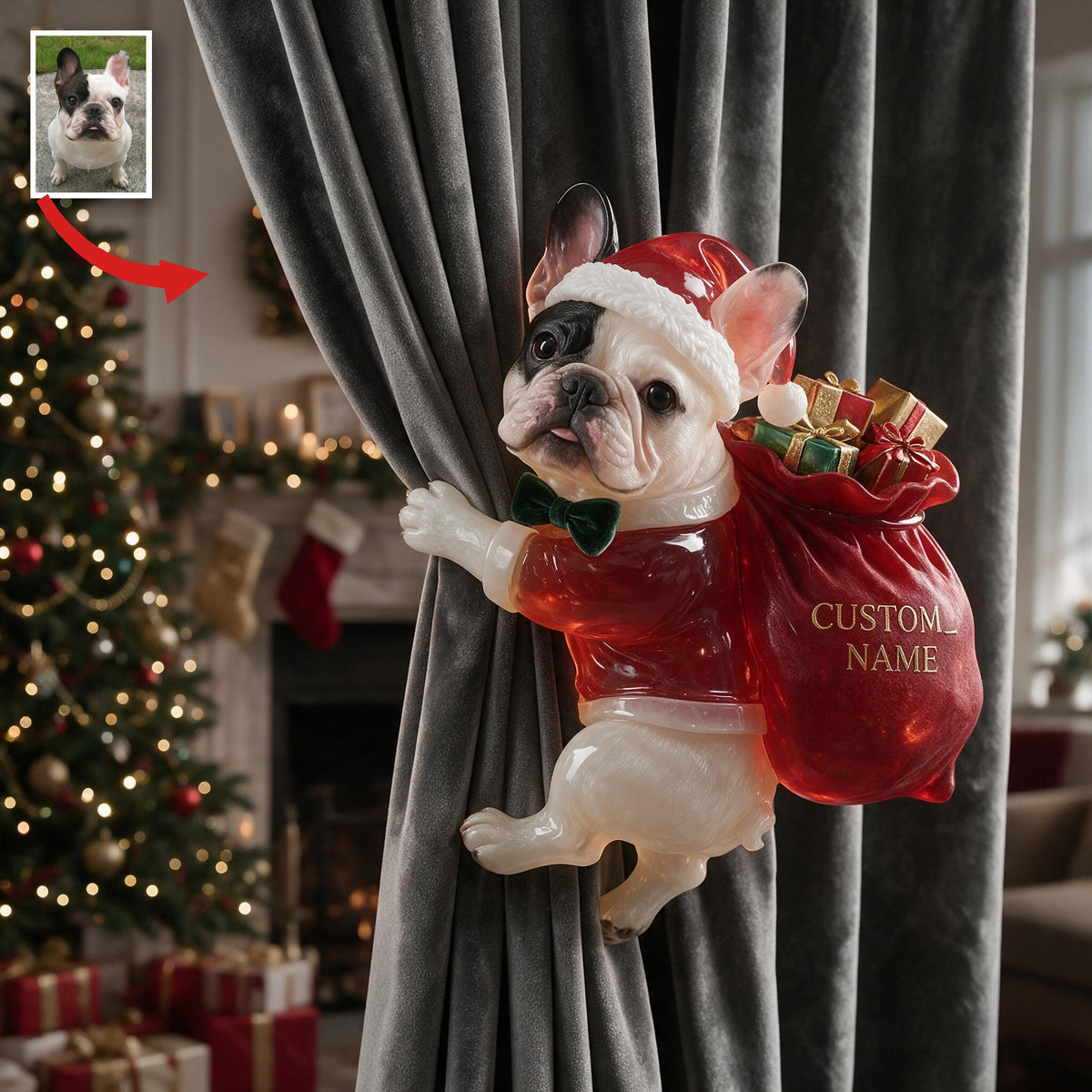 Personalized Custom Photo Christmas French Bulldog Curtain Tieback Home Decor