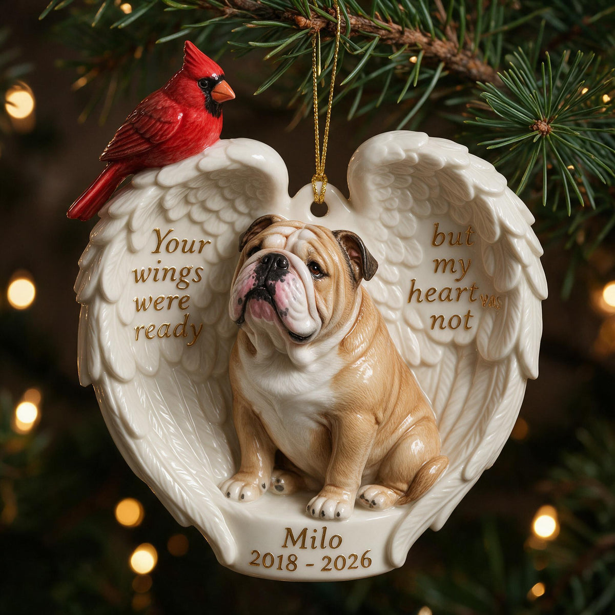 Personalized Custom Photo Fawn & White Adult Bulldog Ceramic Memorial Ornament