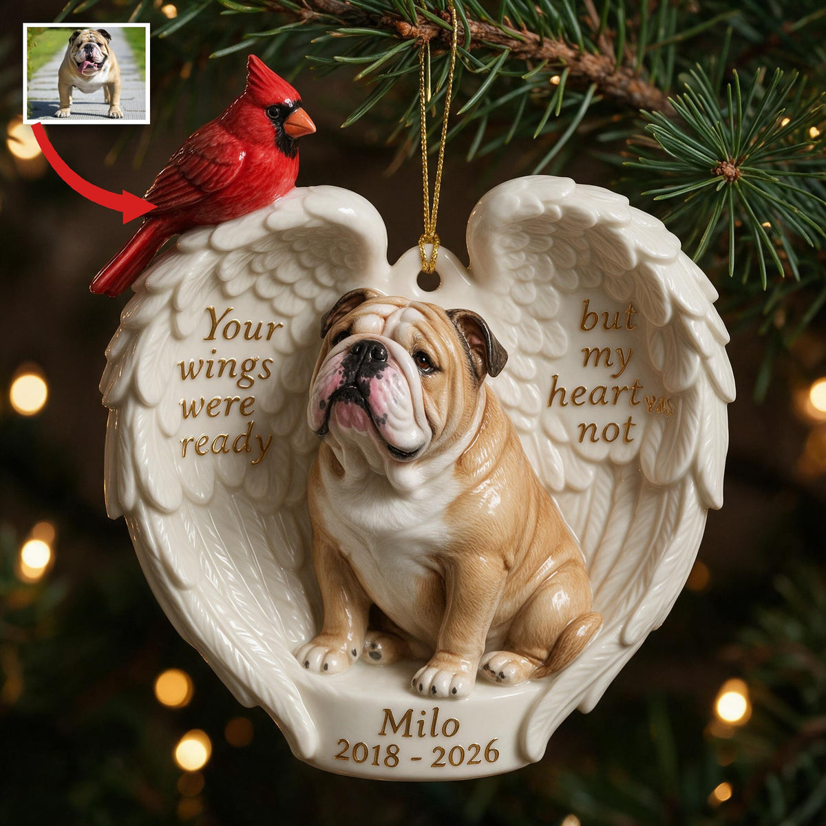 Personalized Custom Photo Fawn & White Adult Bulldog Ceramic Memorial Ornament
