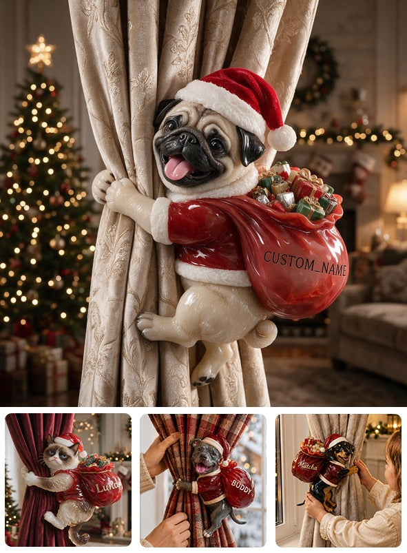 Personalized Custom Photo Christmas Fawn Black Mask Pug Curtain Tieback