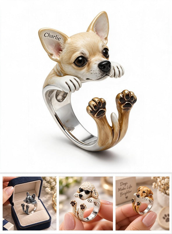 Personalized Fawn White Chihuahua Puppy Adjustable Ring Dog Lover Gift