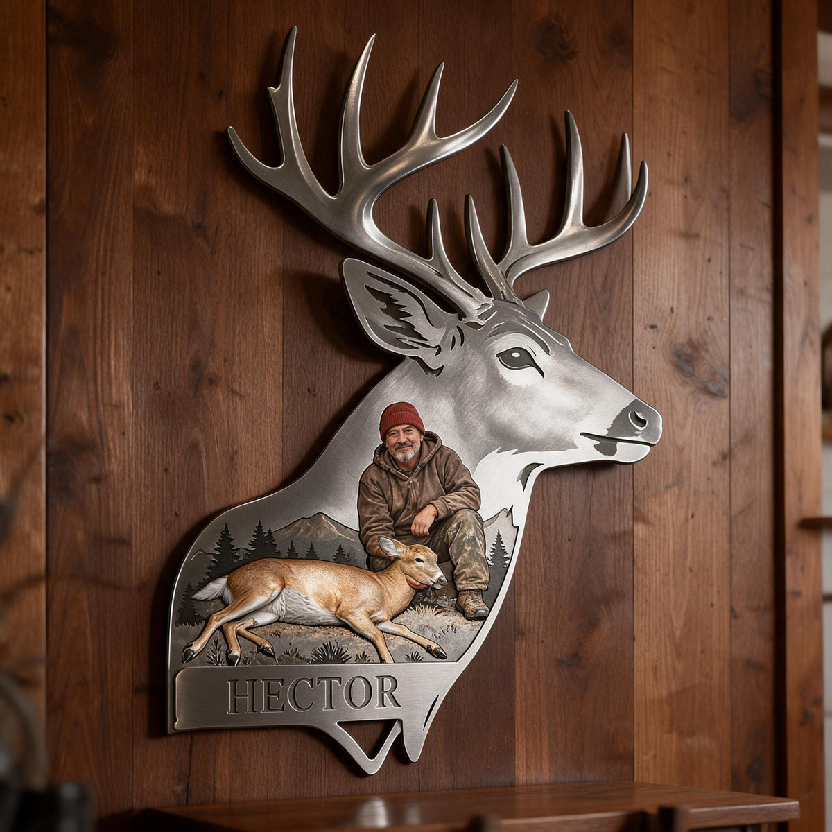 Personalized Custom Photo Middle-Aged Latino Hunter with Deer 3D Cut Metal Sign Hunting Wall Decor