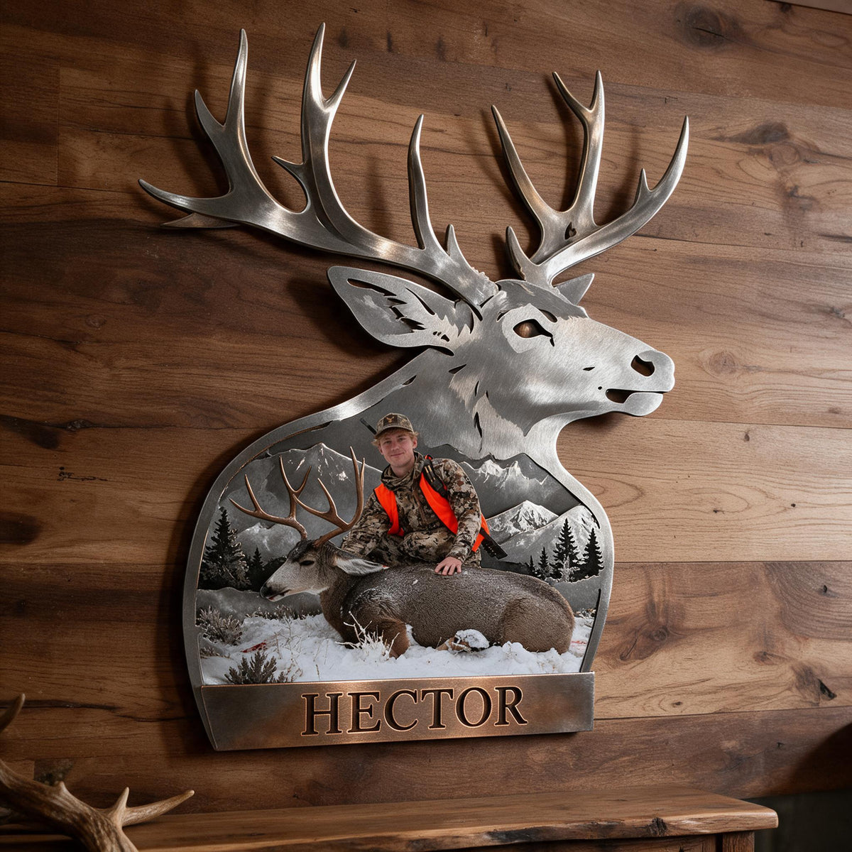 Personalized Custom Photo Hunter with Deer 3D Cut Metal Sign Hunting Wall Decor