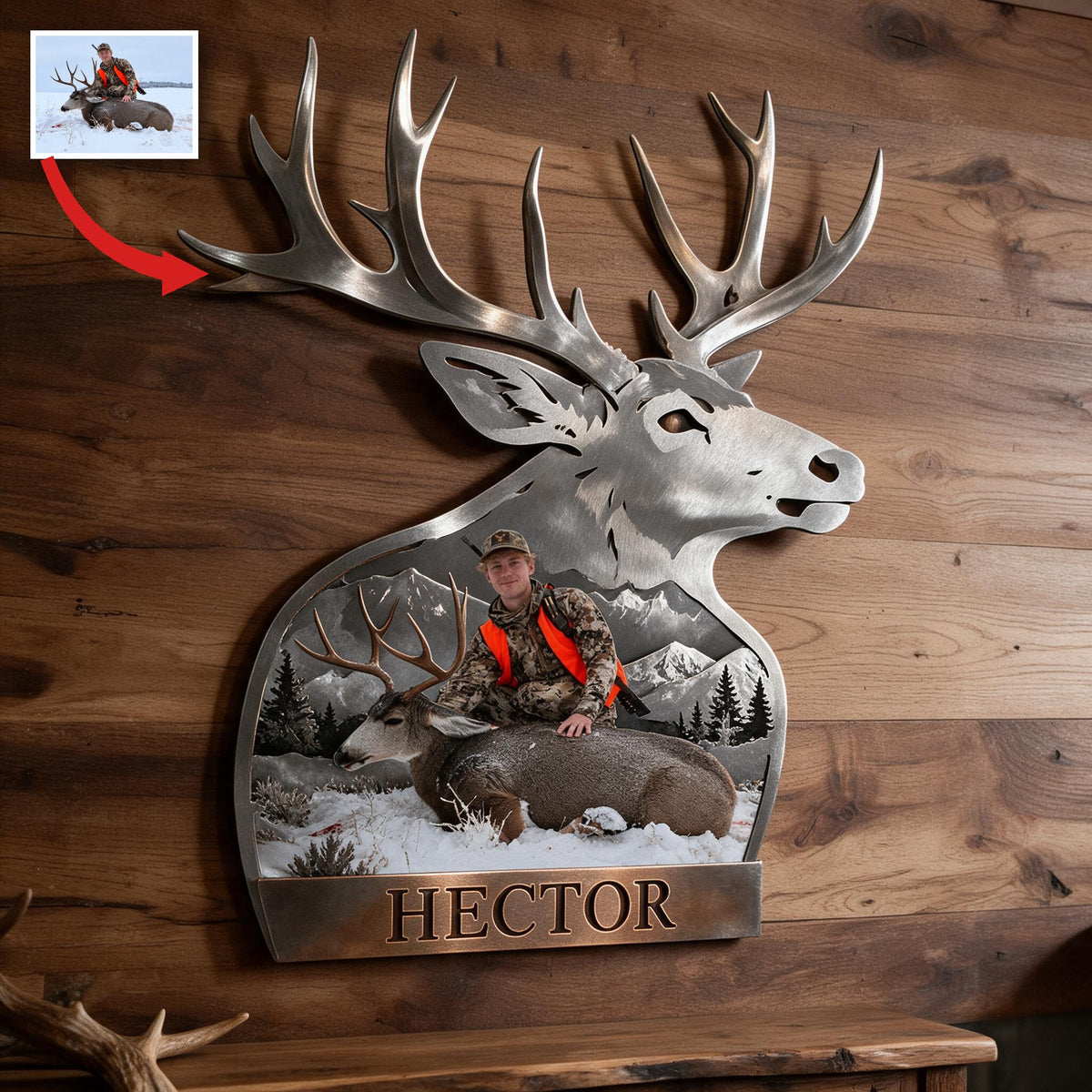 Personalized Custom Photo Hunter with Deer 3D Cut Metal Sign Hunting Wall Decor