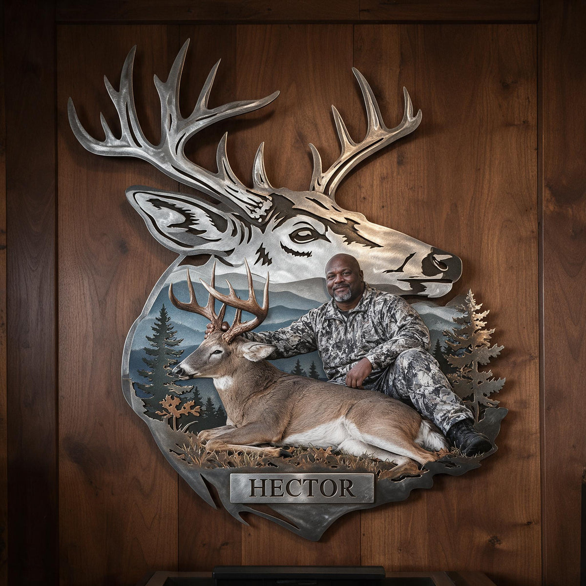 Personalized Custom Photo Middle-Aged Black Hunter with Deer 3D Cut Metal Sign Hunting Wall Decor