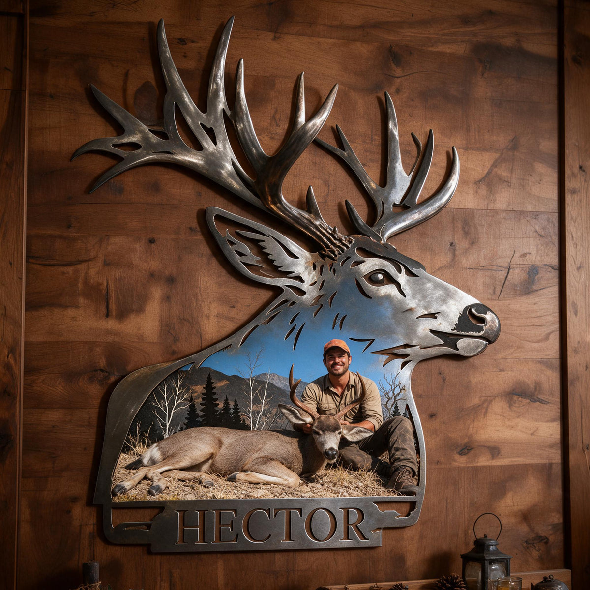 Personalized Custom Photo Latino Hunter with Deer 3D Cut Metal Sign Hunting Wall Decor