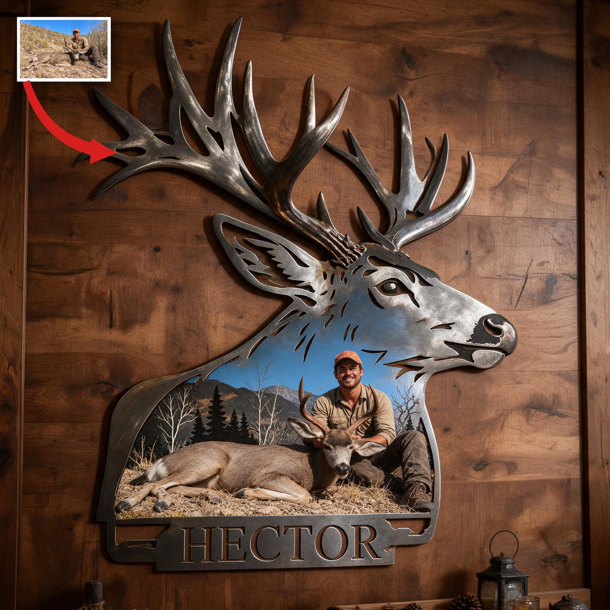 Personalized Custom Photo Latino Hunter with Deer 3D Cut Metal Sign Hunting Wall Decor