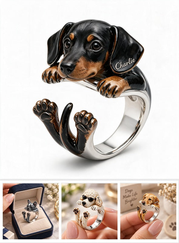 Personalized Black and Tan Dachshund Puppy Adjustable Ring Dog Lover Gift
