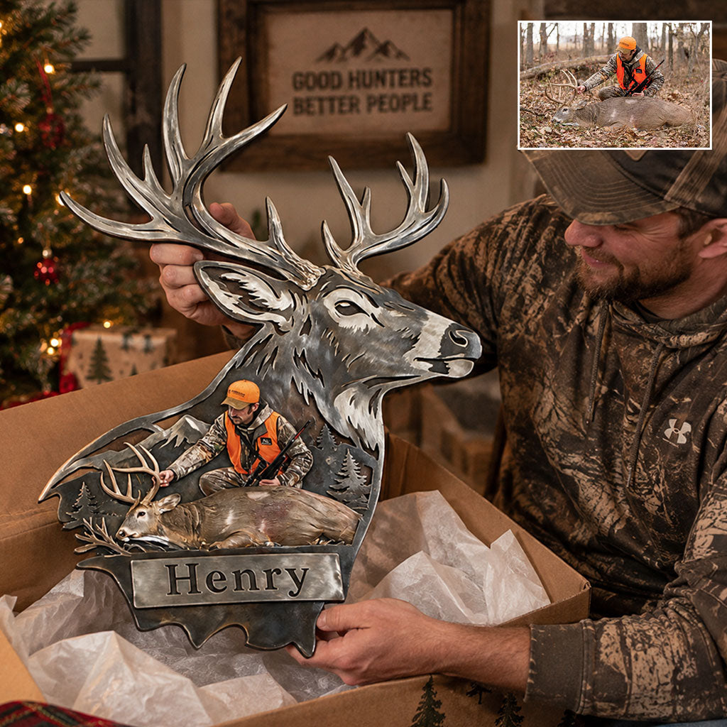 Personalized Custom Photo Hunter with Deer 3D Cut Metal Sign Hunting Wall Decor