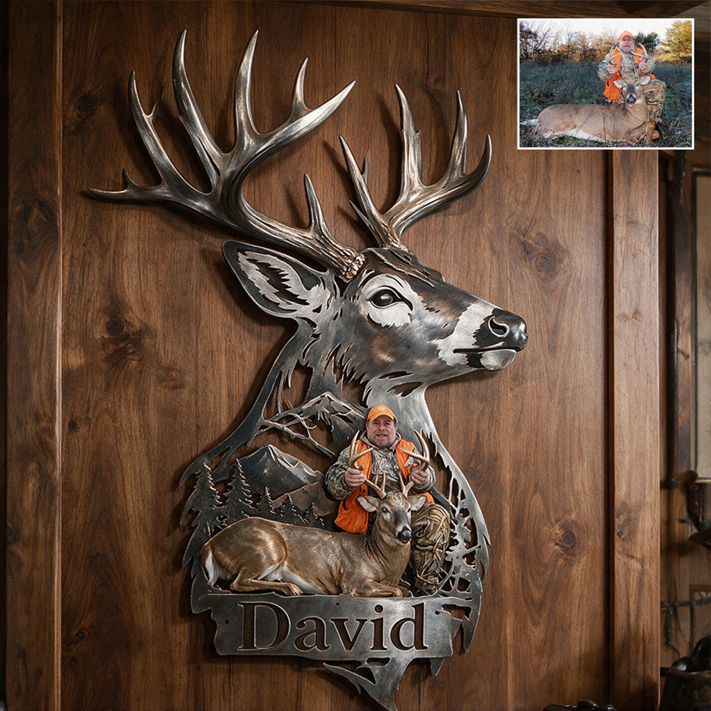 Personalized Custom Photo Hunter with Deer 3D Cut Metal Sign Hunting Wall Decor