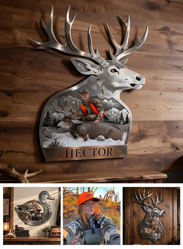 Personalized Custom Photo Hunter with Deer 3D Cut Metal Sign Hunting Wall Decor