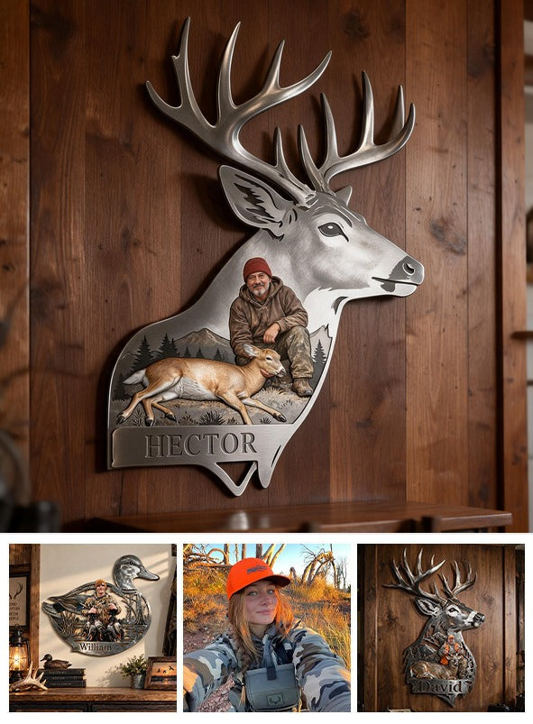 Personalized Custom Photo Middle-Aged Latino Hunter with Deer 3D Cut Metal Sign Hunting Wall Decor