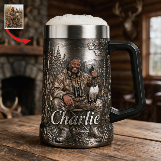 Stein à bière personnalisé pour chasseur de canard noir d'âge moyen