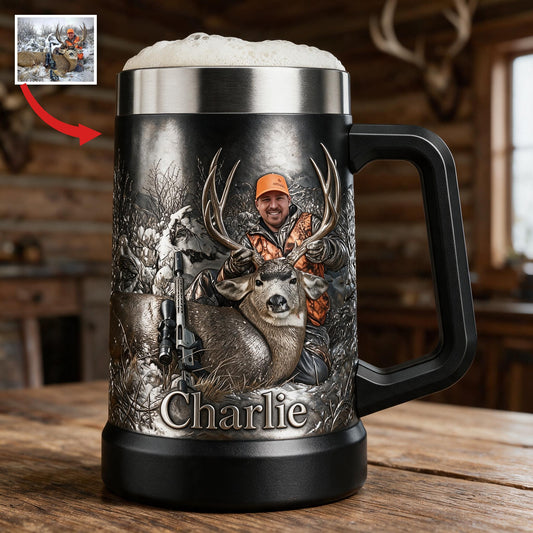 Mug de bière personnalisé pour chasseur d'âge moyen avec cerf