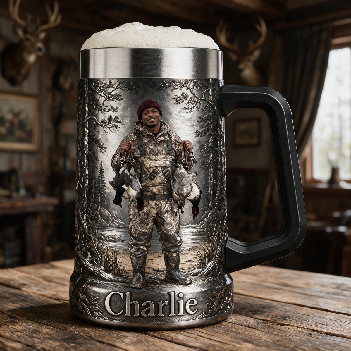 Personalized Black Duck Hunter Beer Stein, Hunting Gift for Beer Lovers
