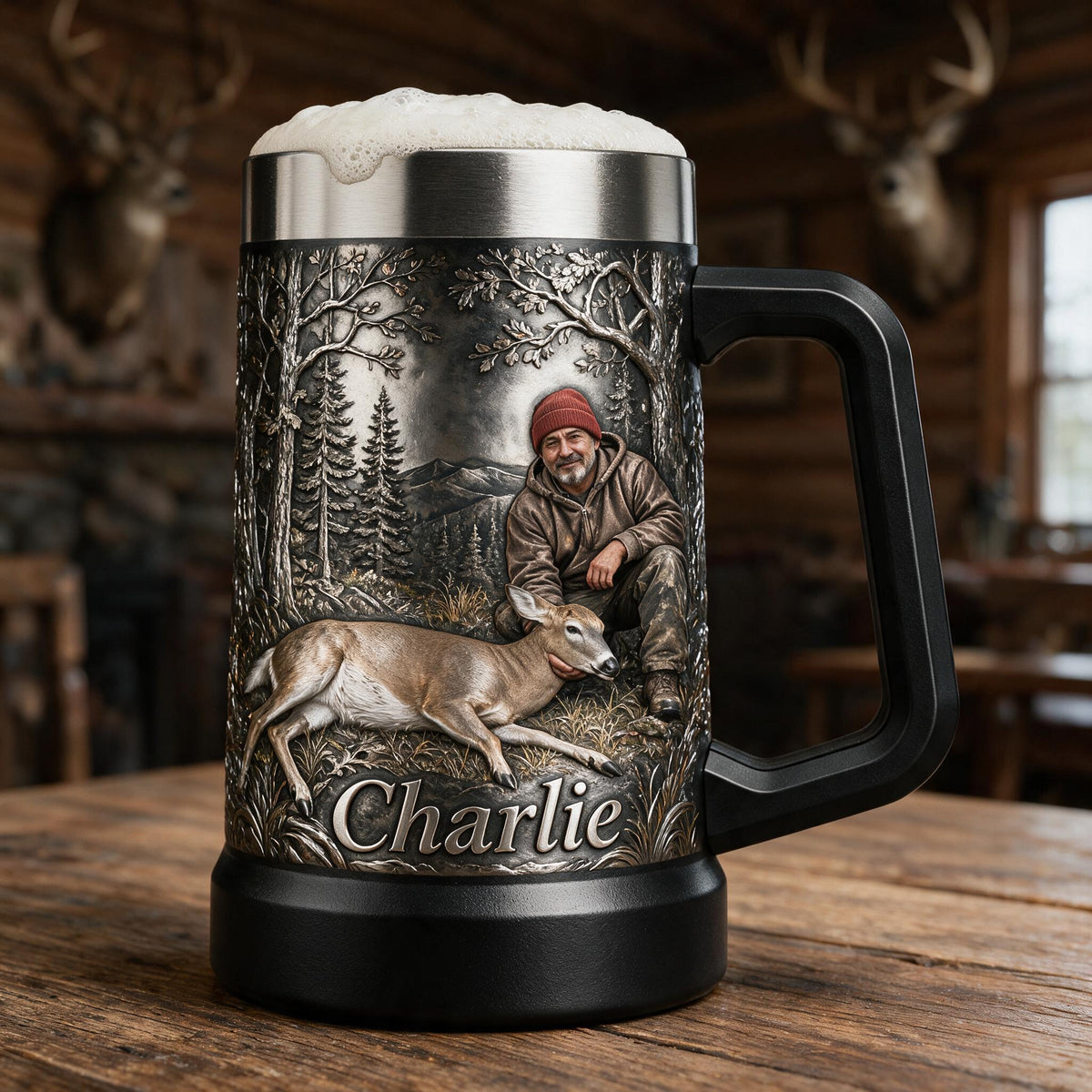 Personalized Middle-Aged Latino Hunter with Deer Beer Stein Hunting Gift