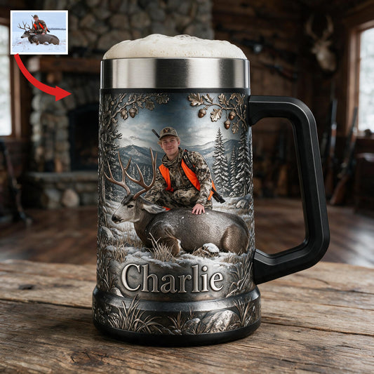 Stein à bière personnalisé Hunter avec cerf, cadeau de chasse pour amateurs de bière