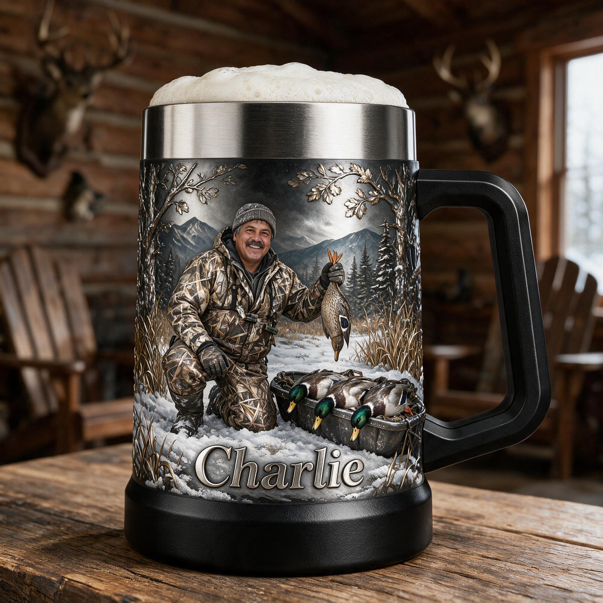 Personalized Middle-Aged Latino Duck Hunter Beer Stein Hunting Gift