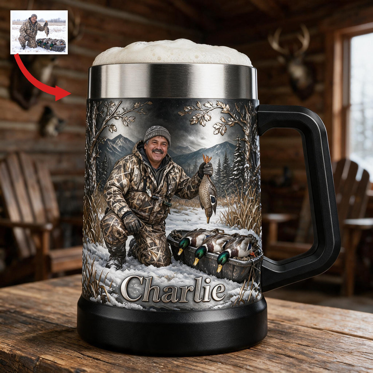 Personalized Middle-Aged Latino Duck Hunter Beer Stein Hunting Gift