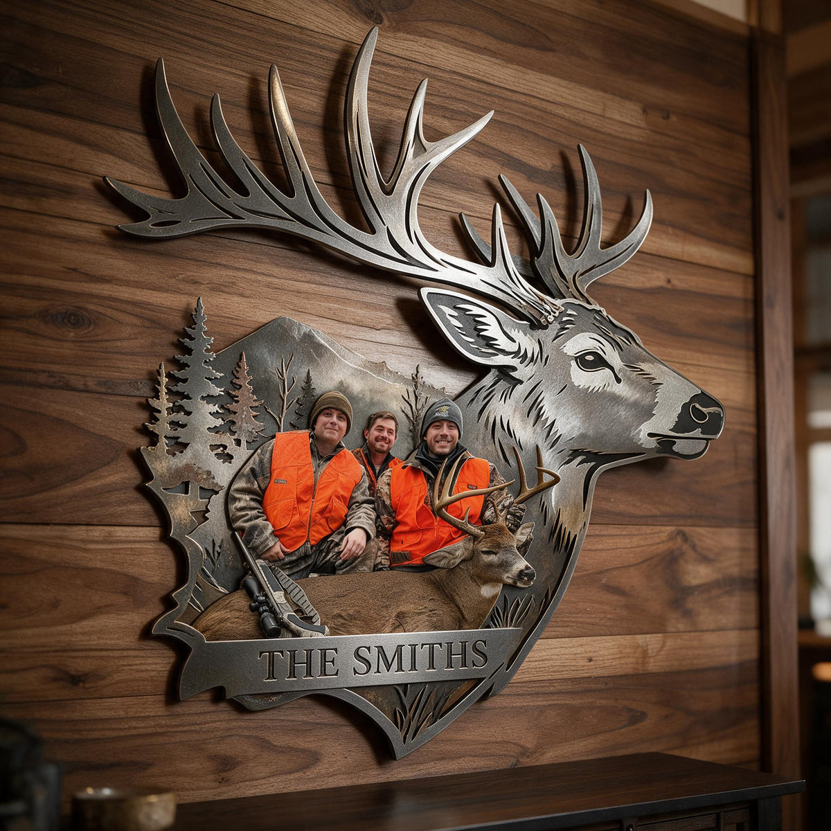 Personalized Custom Photo Hunting Group with Deer 3D Cut Metal Sign Hunting Wall Decor