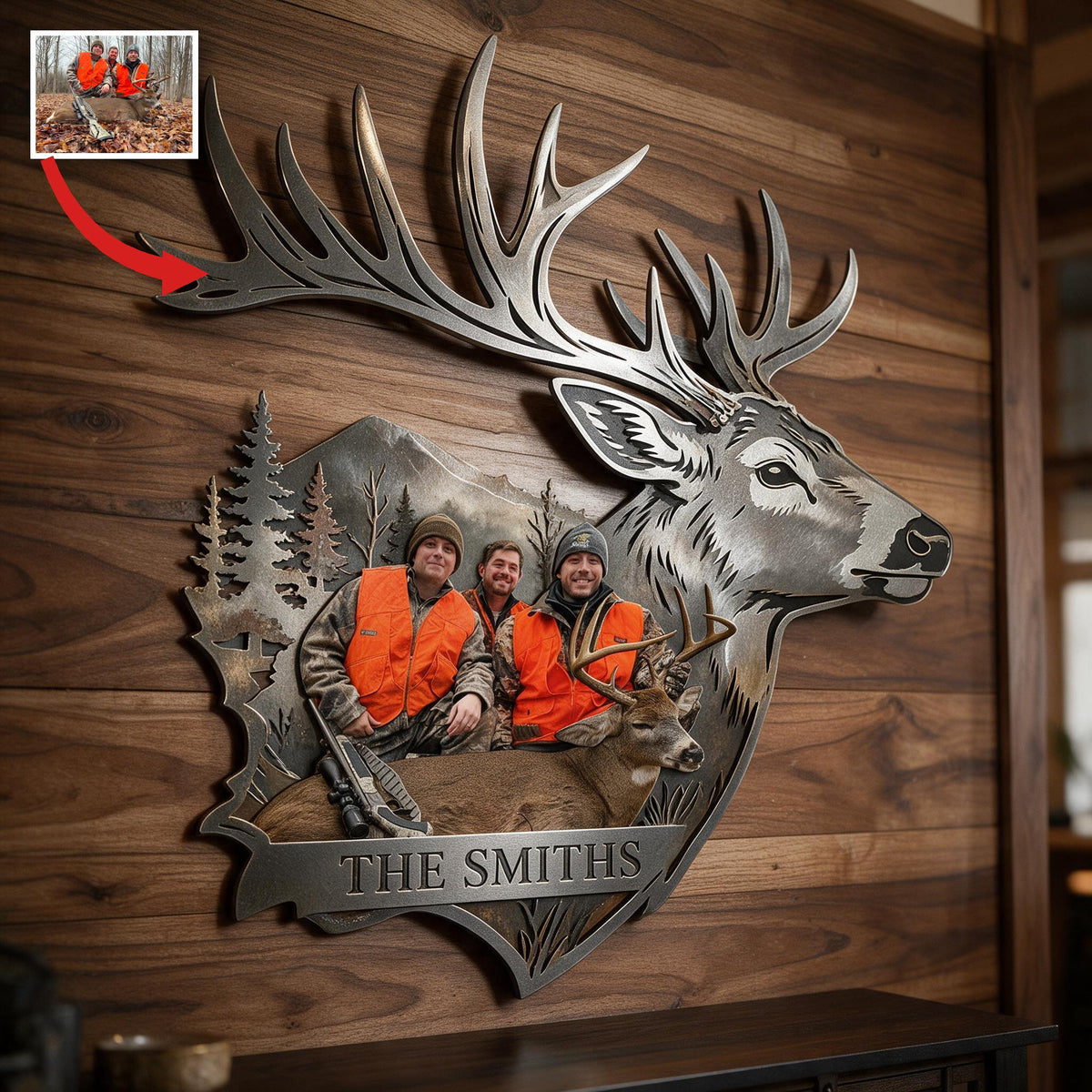 Personalized Custom Photo Hunting Group with Deer 3D Cut Metal Sign Hunting Wall Decor