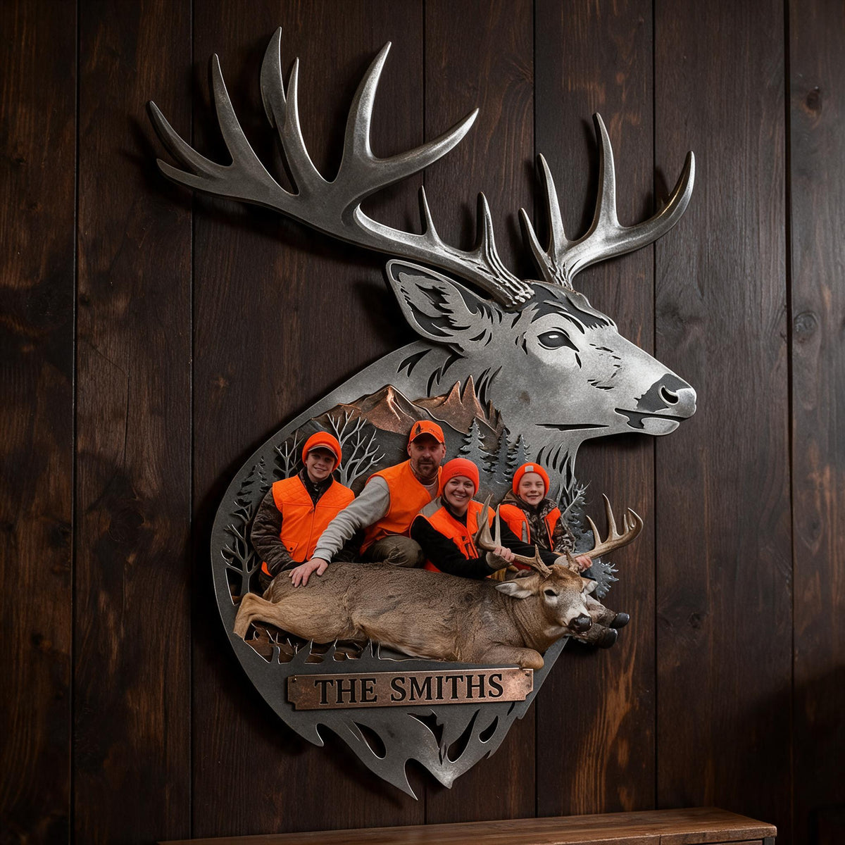 Personalized Custom Photo Hunting Family with Deer 3D Cut Metal Sign Wall Decor