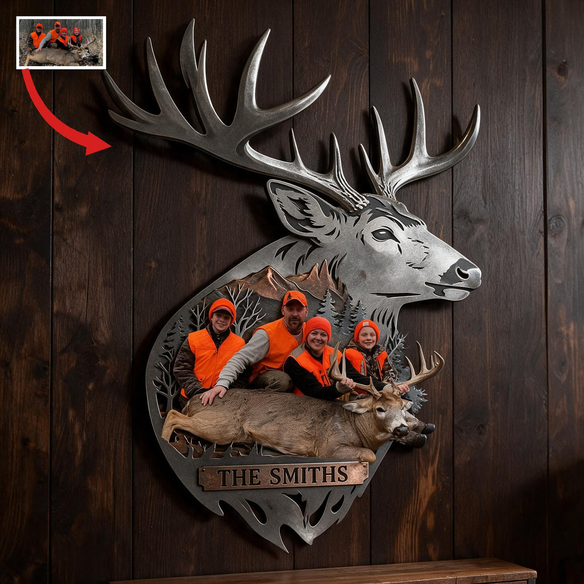 Personalized Custom Photo Hunting Family with Deer 3D Cut Metal Sign Wall Decor