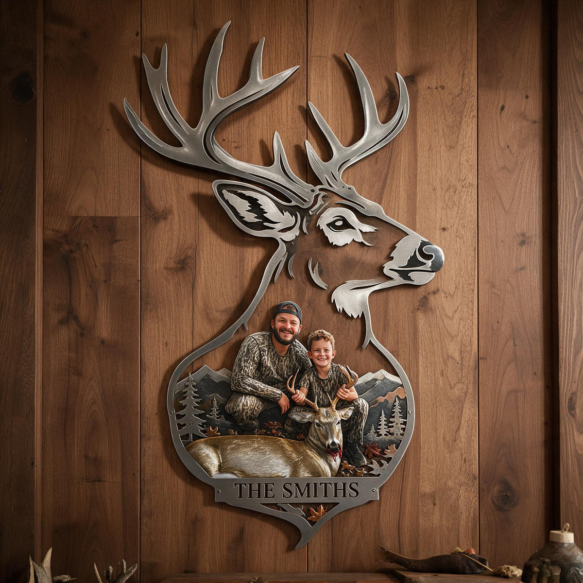 Personalized Custom Photo Hunter and Child with Deer 3D Cut Metal Sign Hunting Wall Decor