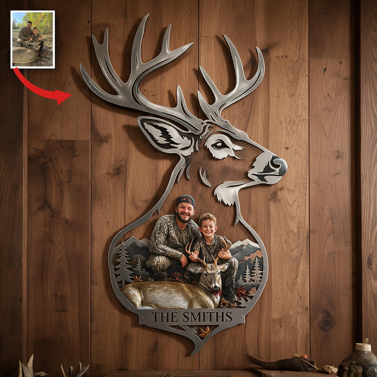 Personalized Custom Photo Hunter and Child with Deer 3D Cut Metal Sign Hunting Wall Decor
