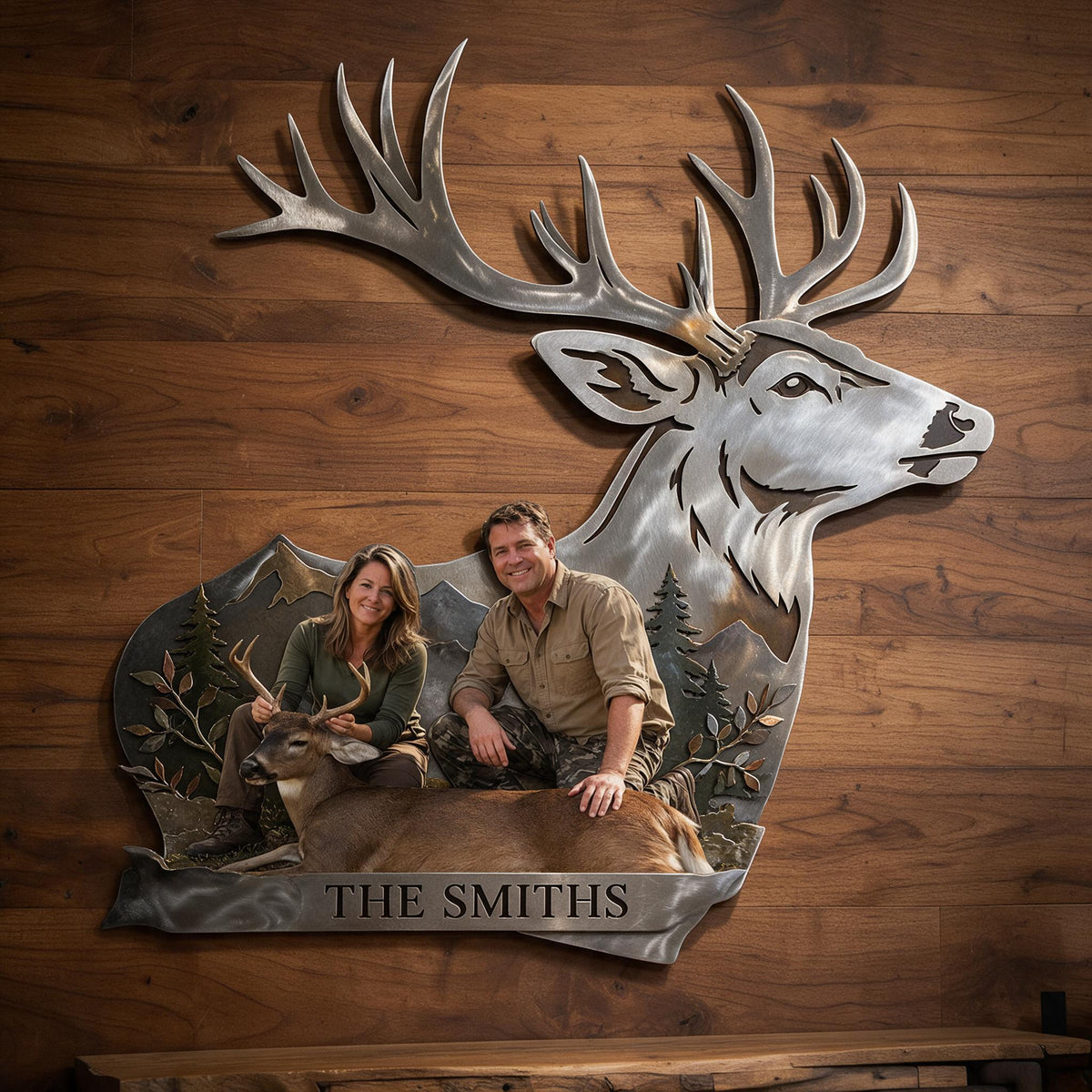 Personalized Custom Photo Middle-Aged Hunting Couple with Deer 3D Cut Metal Sign Hunting Decor