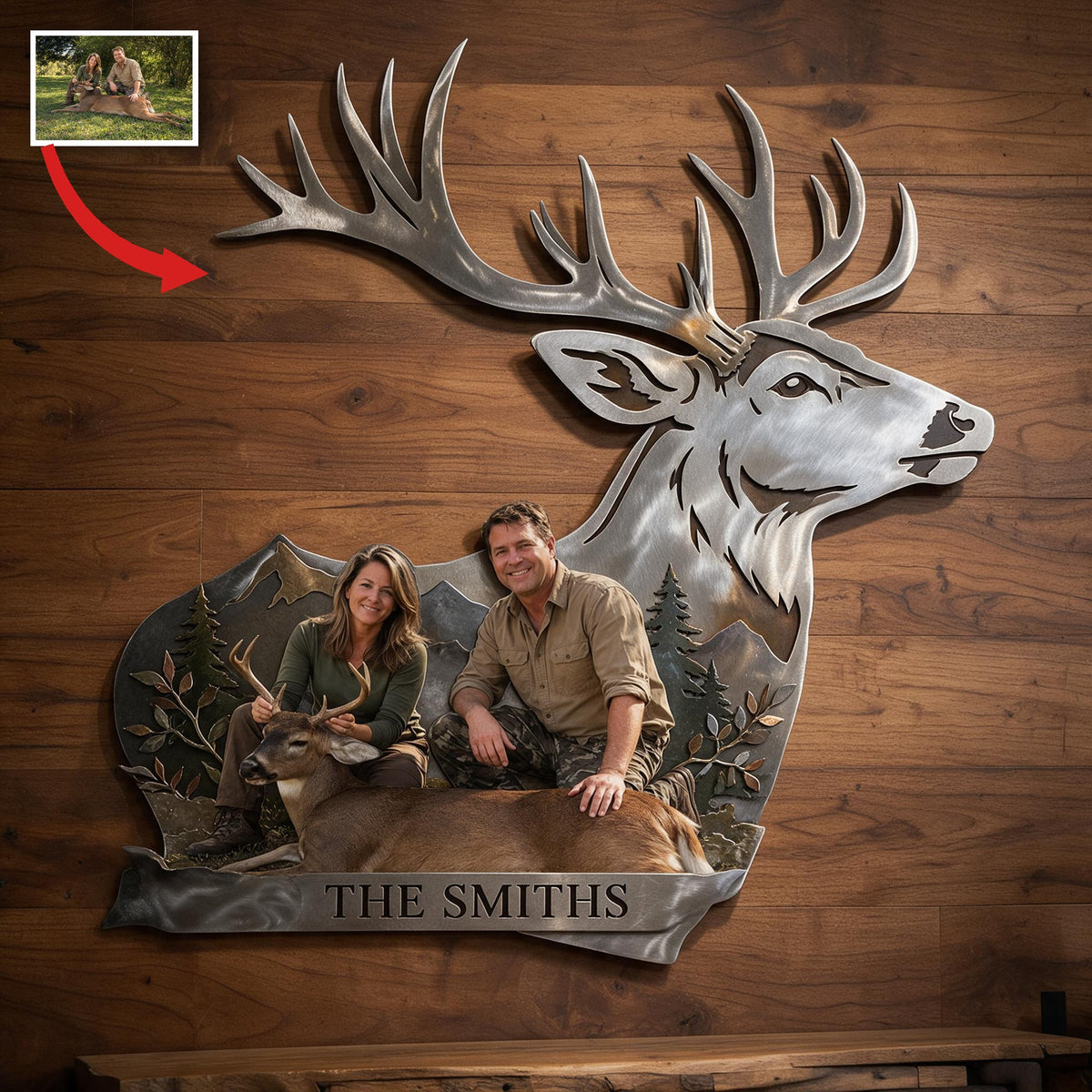 Personalized Custom Photo Middle-Aged Hunting Couple with Deer 3D Cut Metal Sign Hunting Decor