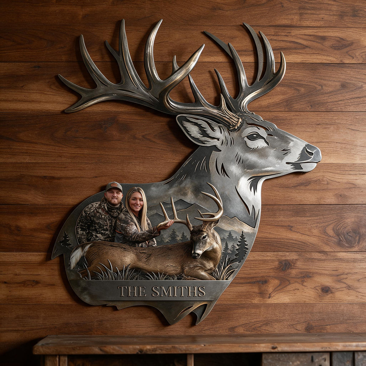 Personalized Custom Photo Hunting Couple with Deer 3D Cut Metal Sign Hunting Wall Decor