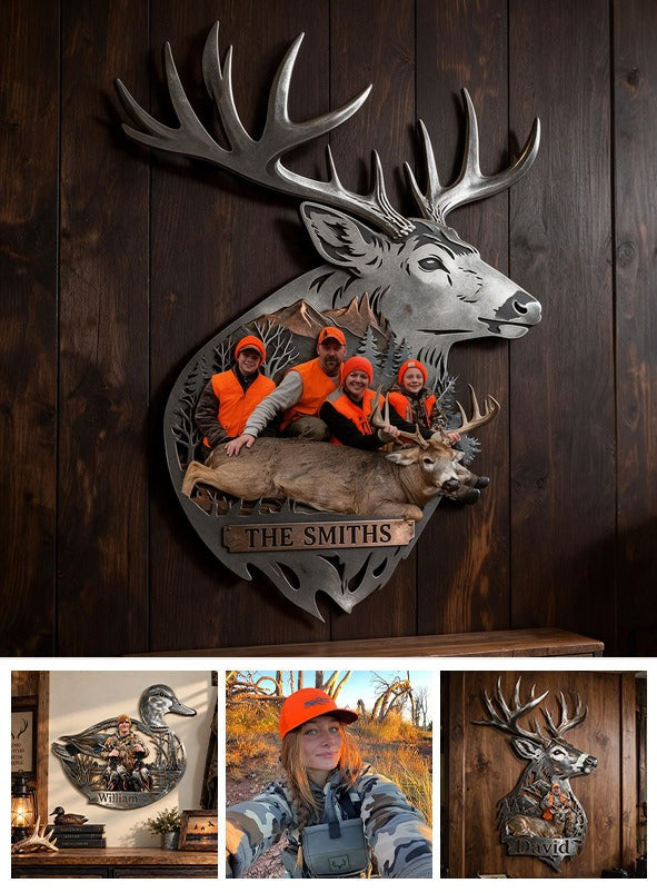 Personalized Custom Photo Hunting Family with Deer 3D Cut Metal Sign Wall Decor