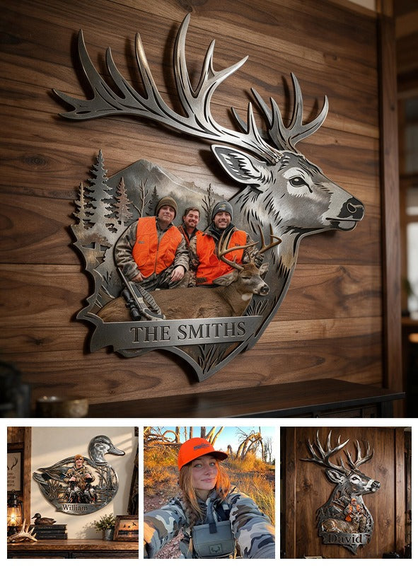 Personalized Custom Photo Hunting Group with Deer 3D Cut Metal Sign Hunting Wall Decor