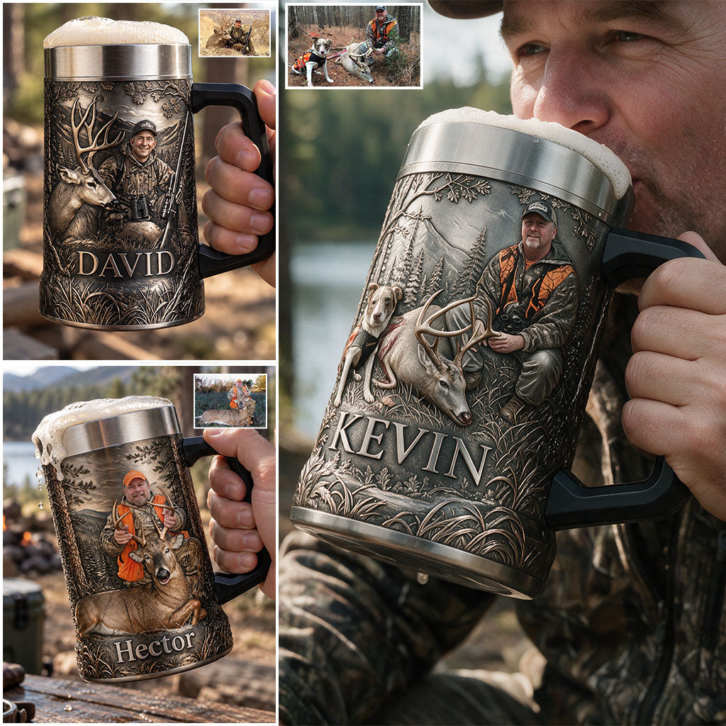 Personalized Custom Photo Hunting Group with Deer Beer Stein Hunter Gift