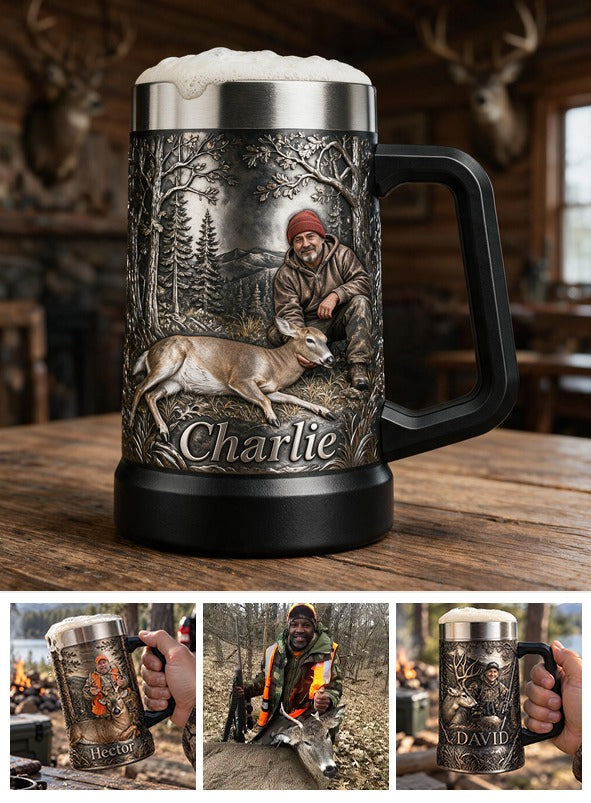 Personalized Middle-Aged Latino Hunter with Deer Beer Stein Hunting Gift