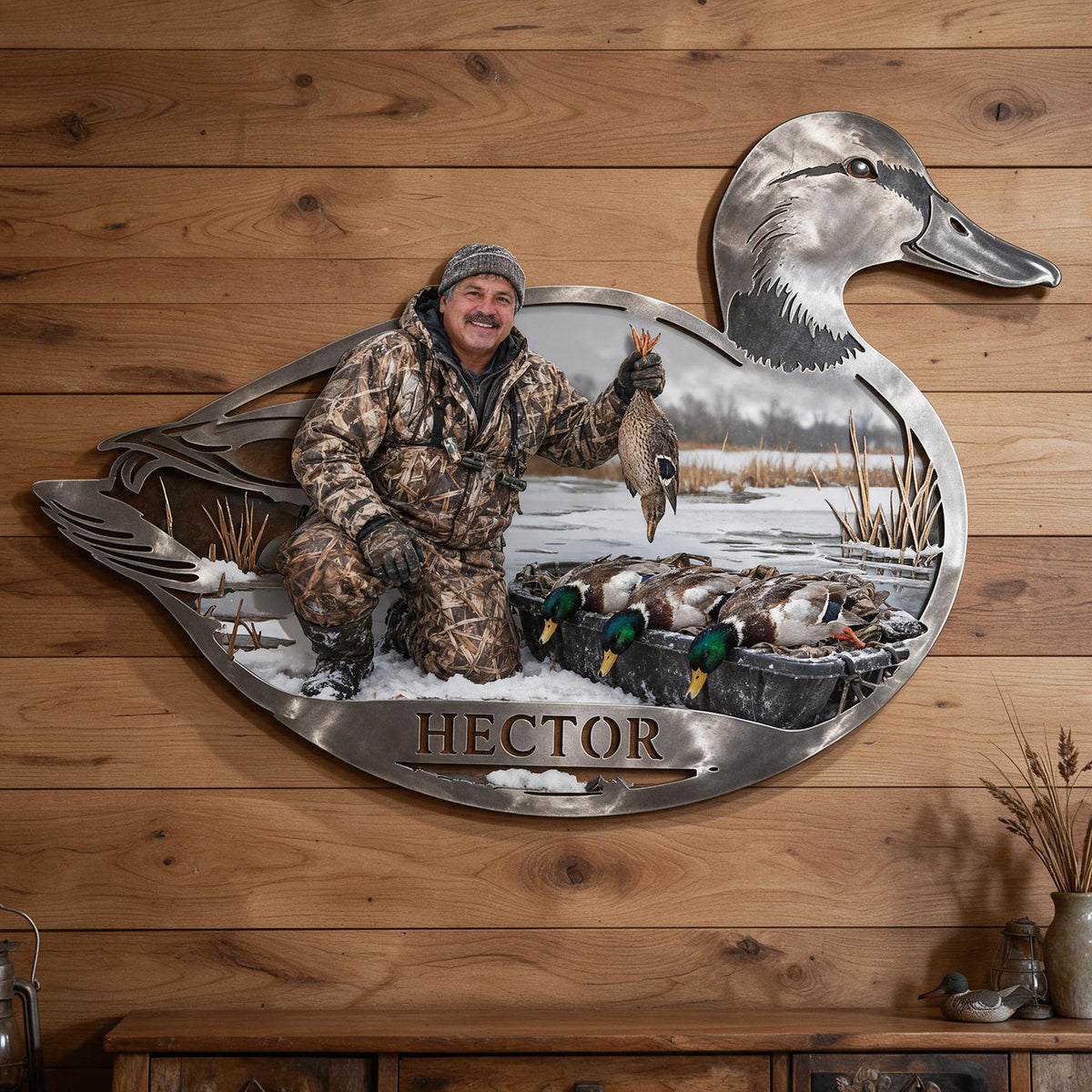Personalized Custom Photo Middle-Aged Latino Duck Hunter 3D Cut Metal Sign Hunting Decor