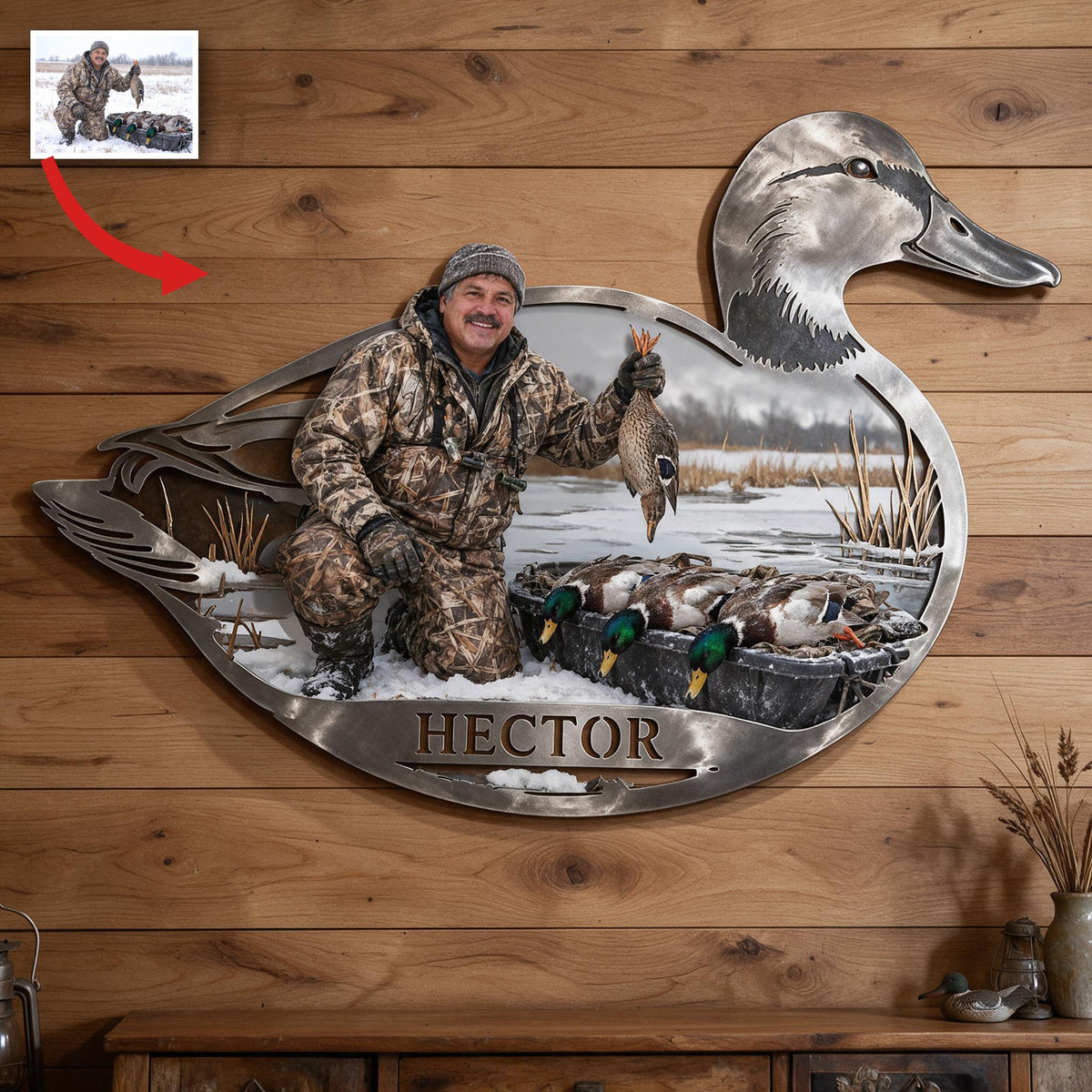 Personalized Custom Photo Middle-Aged Latino Duck Hunter 3D Cut Metal Sign Hunting Decor